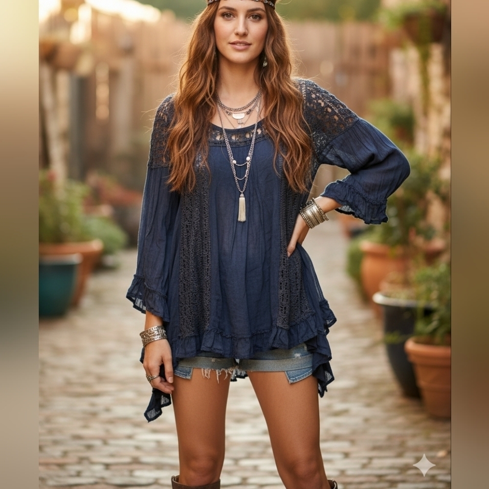 World Market Blue Gray Embroidered Blouse Sz S/M